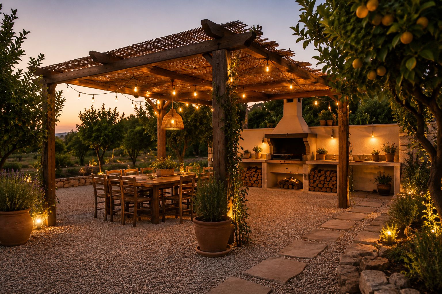 Zona de comedor exterior al atardecer